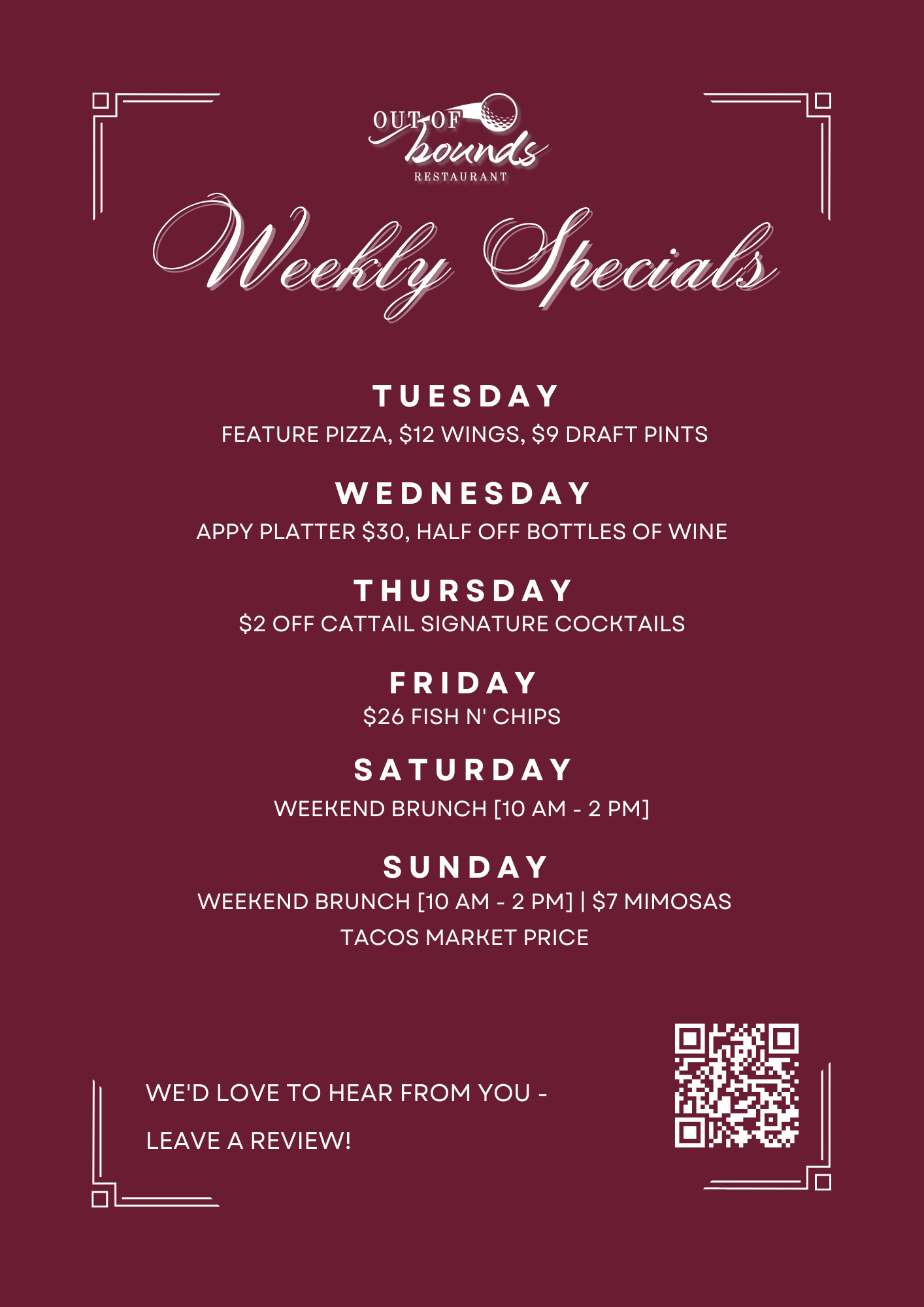Spring & Summer Happy Hour menu at Out of Bounds
